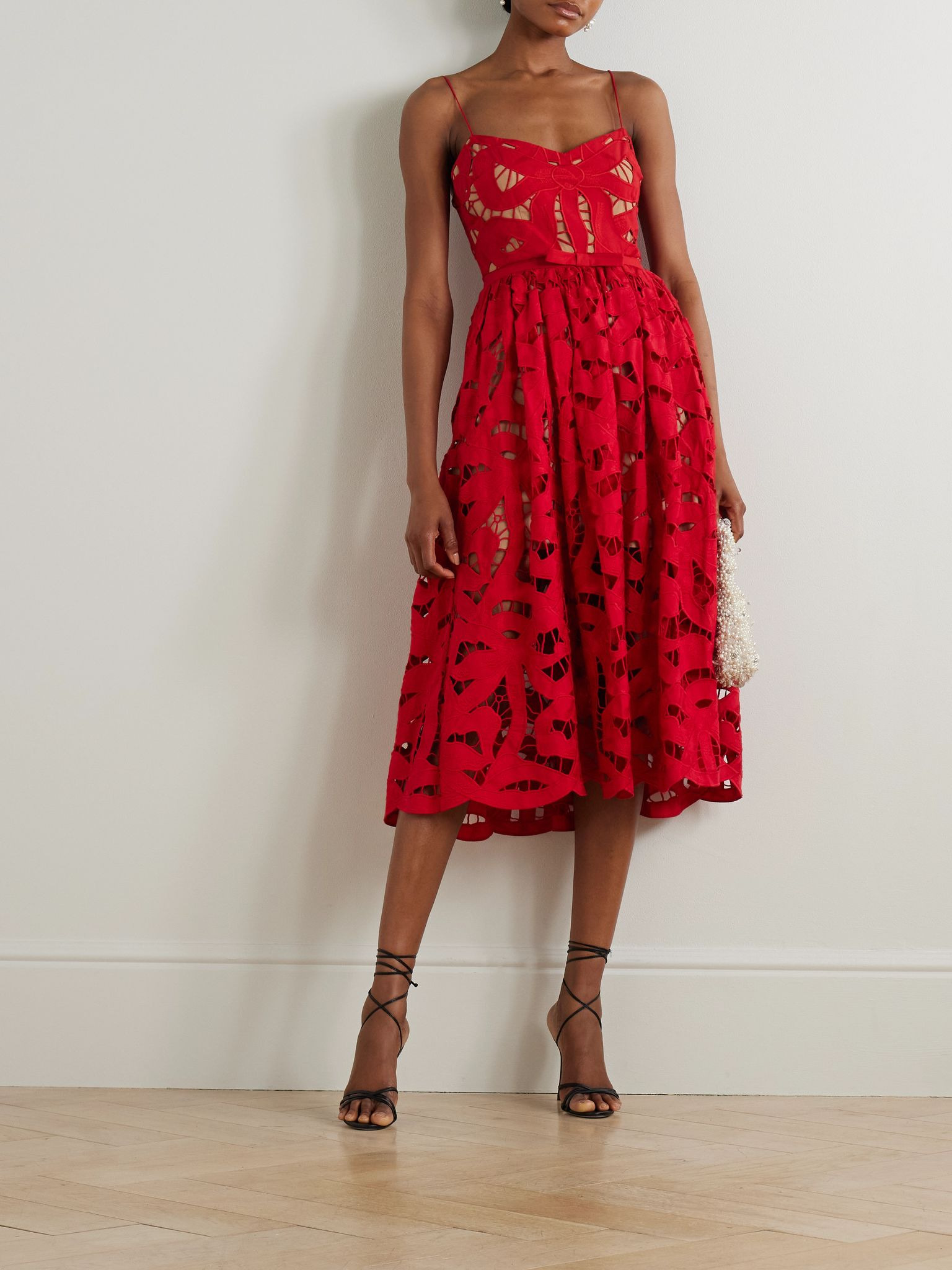 Bow-detailed cotton-guipure lace midi dress Red - 2
