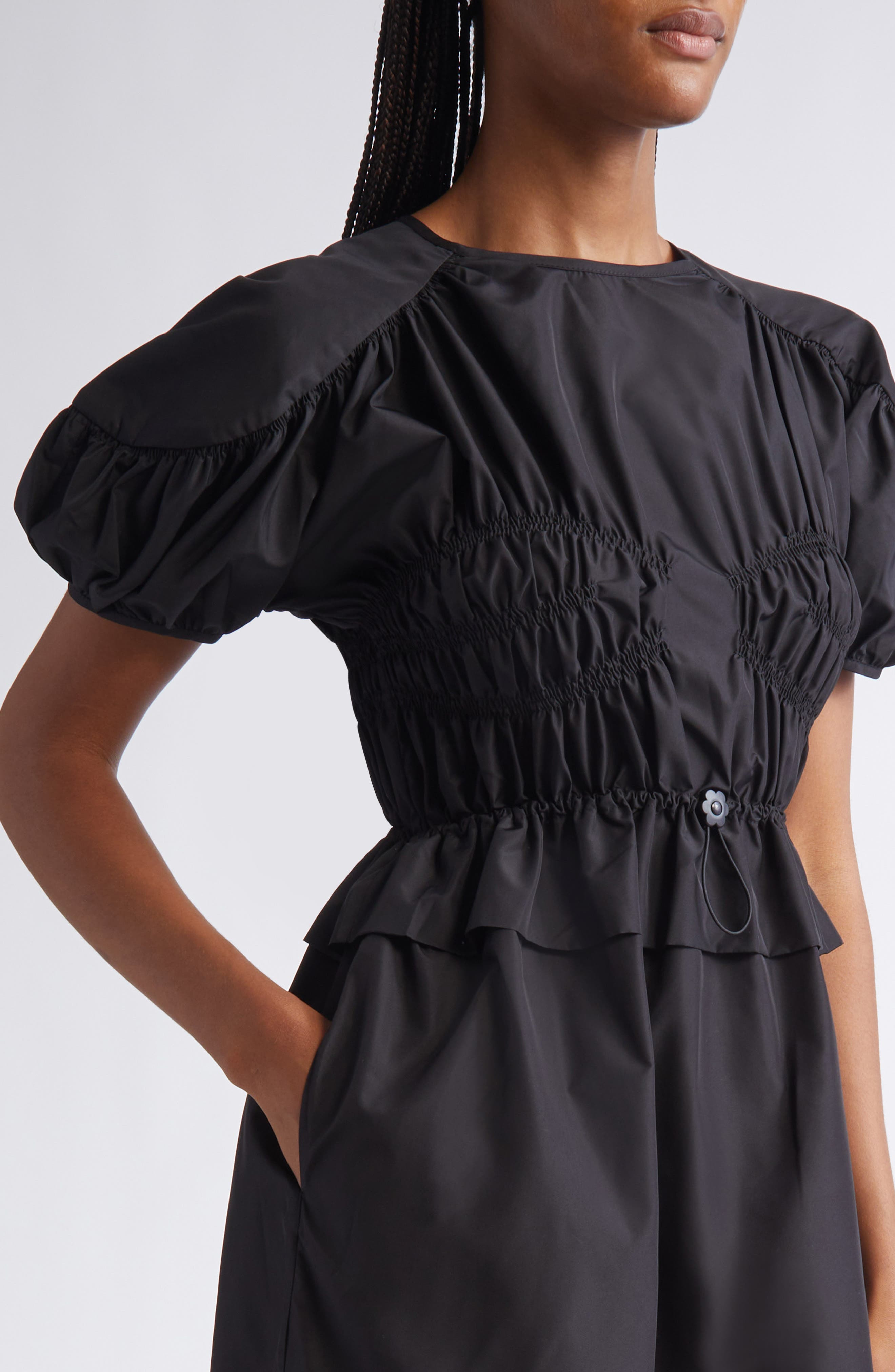 Cecilie Bahnsen Betsy Ruched Puff Sleeve Drawcord Waist Recycled Faille Dress in Black at Nordstrom - 4