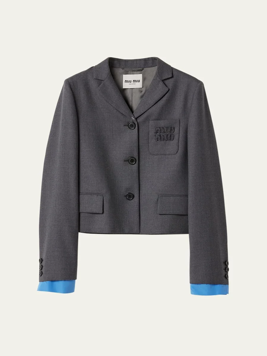 Logo Embroidered Cropped Wool Blazer Jacket - 1