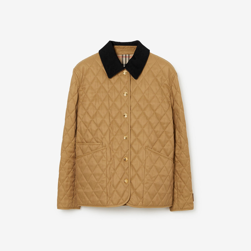 Corduroy Collar Diamond Quilted Jacket - 1