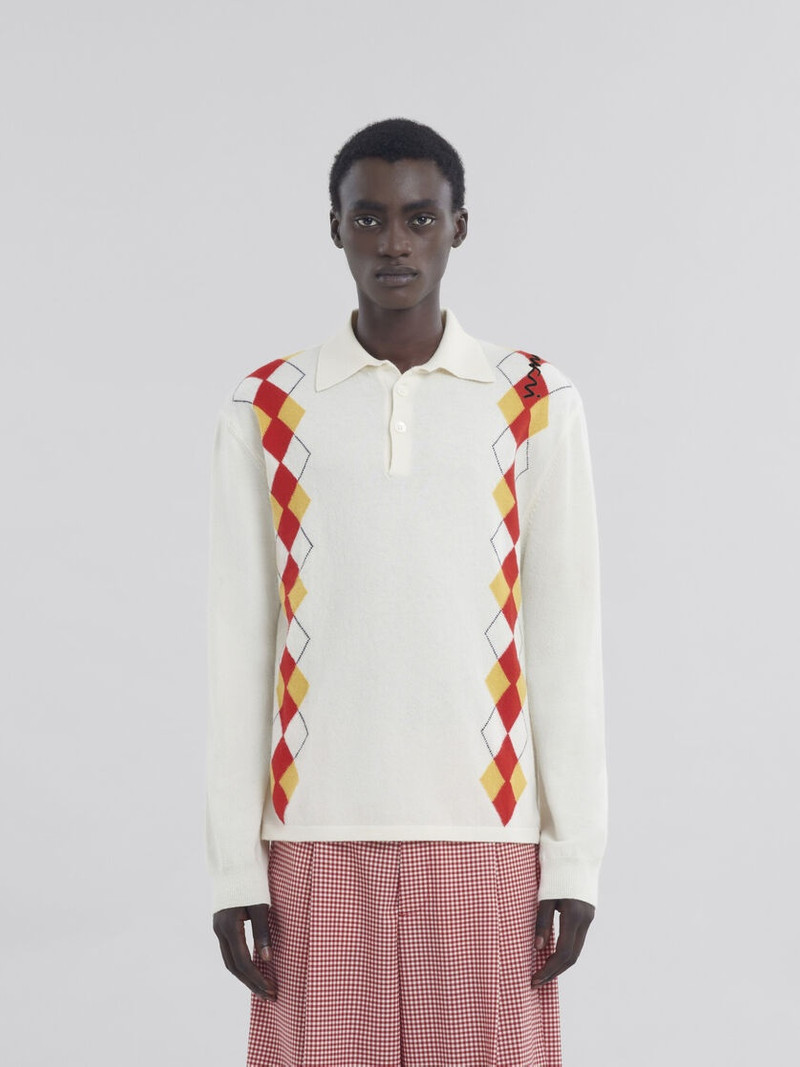 Marni LONG SLEEVED IVORY POLO SHIRT WITH INTARSIA ARGYLE DETAIL outlook