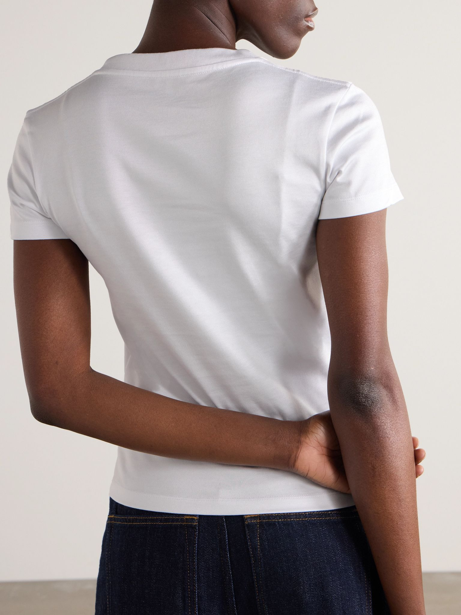 Gathered embroidered cotton-blend piqué T-shirt White - 4