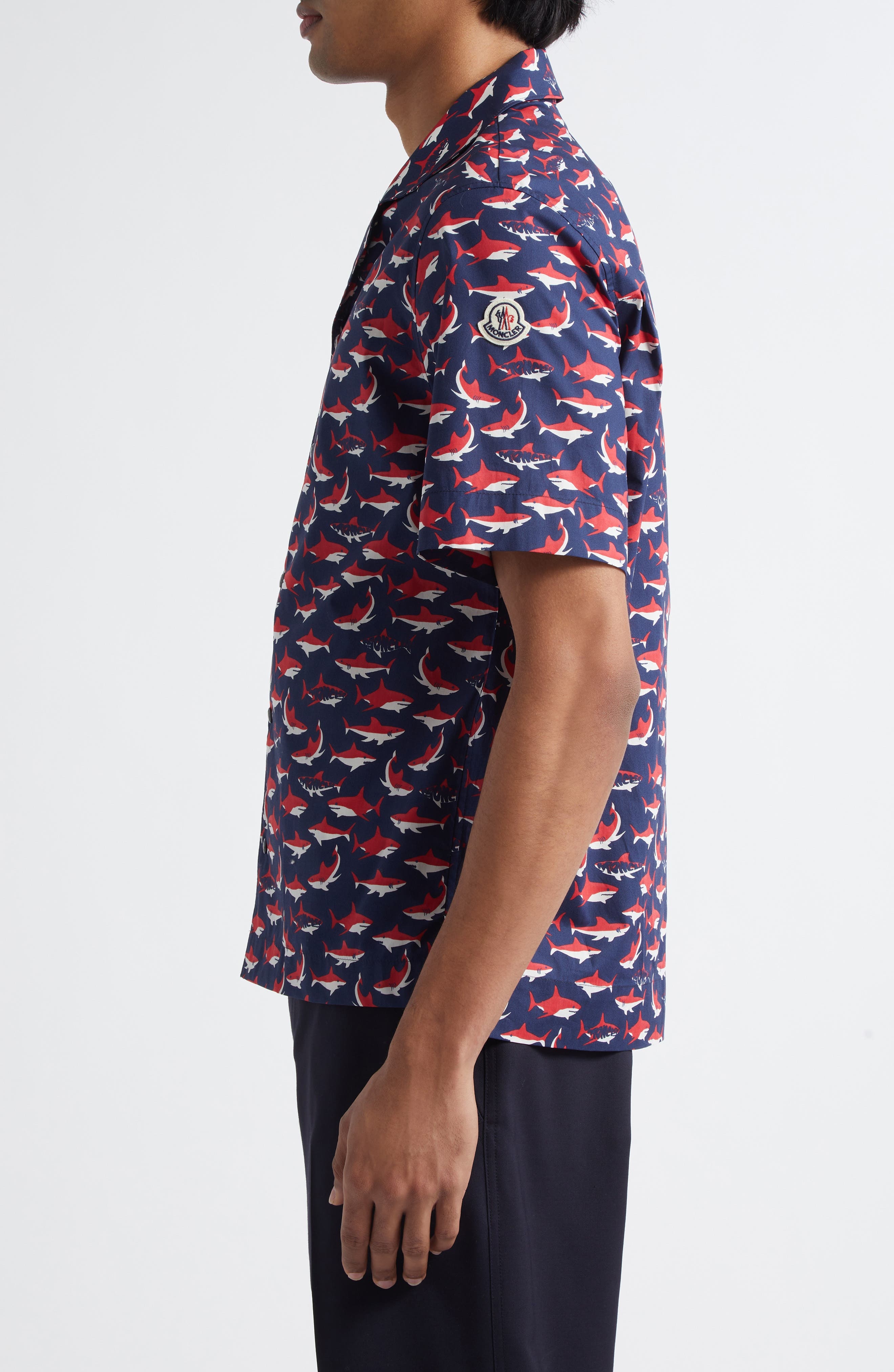 Moncler Logo Shark Cotton Camp Shirt in Blue at Nordstrom - 3