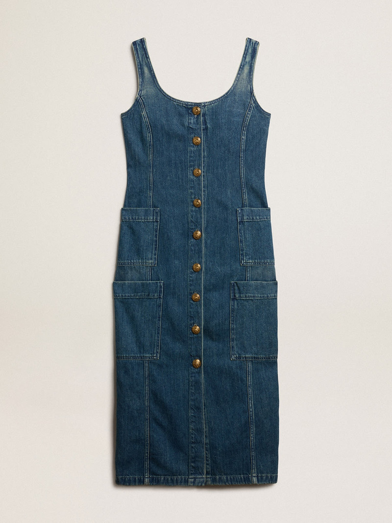 Blue denim sleeveless dress with button fastening - 1