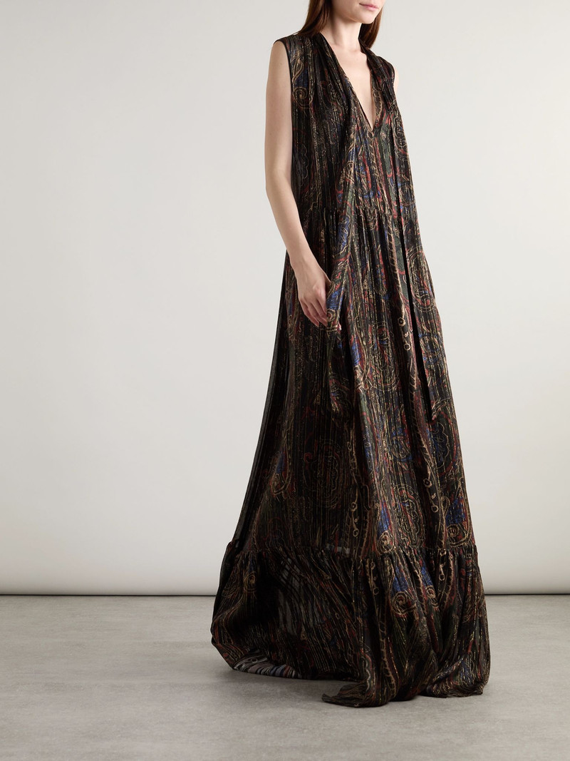 SAINT LAURENT Pleated tiered paisley-print metallic silk-blend georgette maxi dress Black outlook