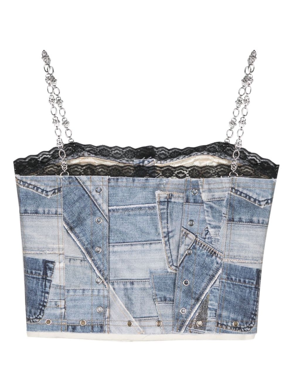denim-patchwork-print cropped top - 2