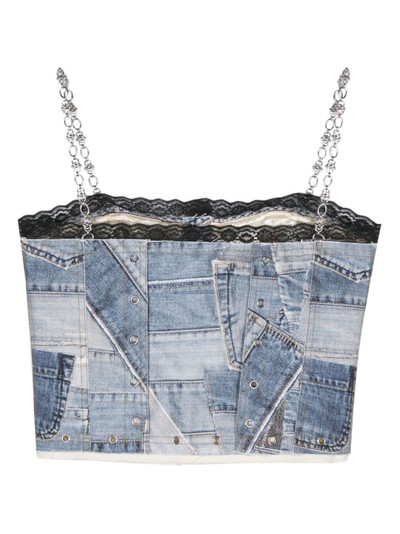 Andersson Bell denim-patchwork-print cropped top outlook