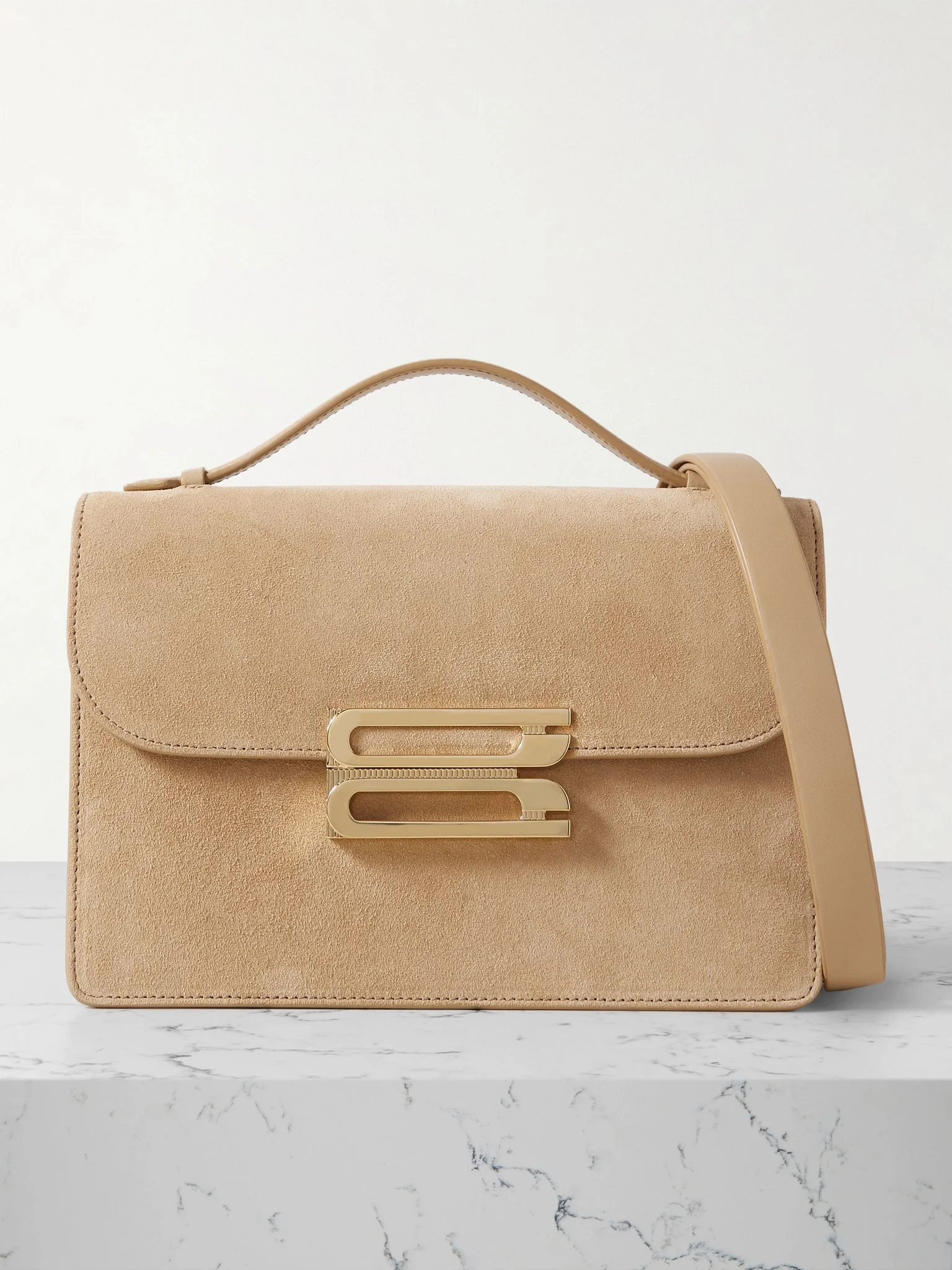 The Dorian leather-trimmed suede shoulder bag Beige - 1