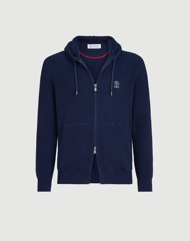 Cotton English rib knit hooded sweatshirt with logo and zipper 1