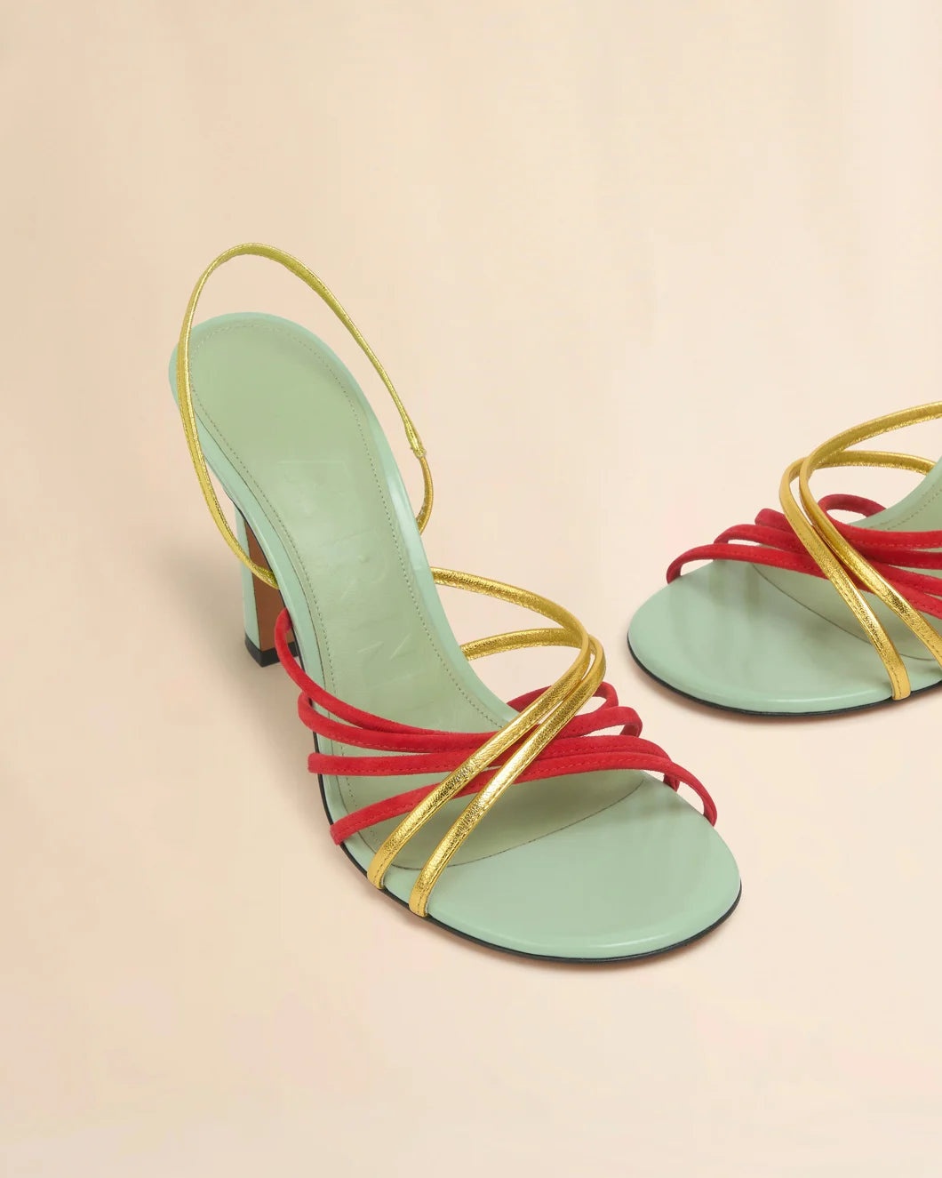 GREEN RED AND GOLD SUEDE AND METALLIC LEATHER NEW WAVE SANDAL - 5