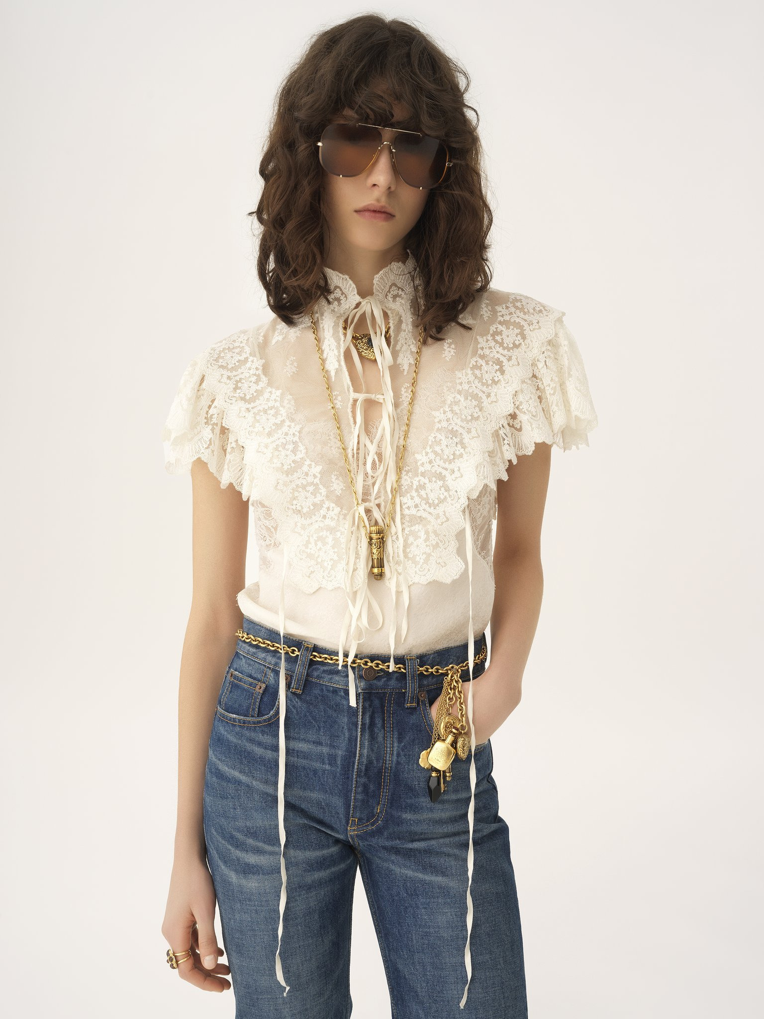 HIGH-NECK CROPPED TOP IN COTTON TULLE & LACE - 4