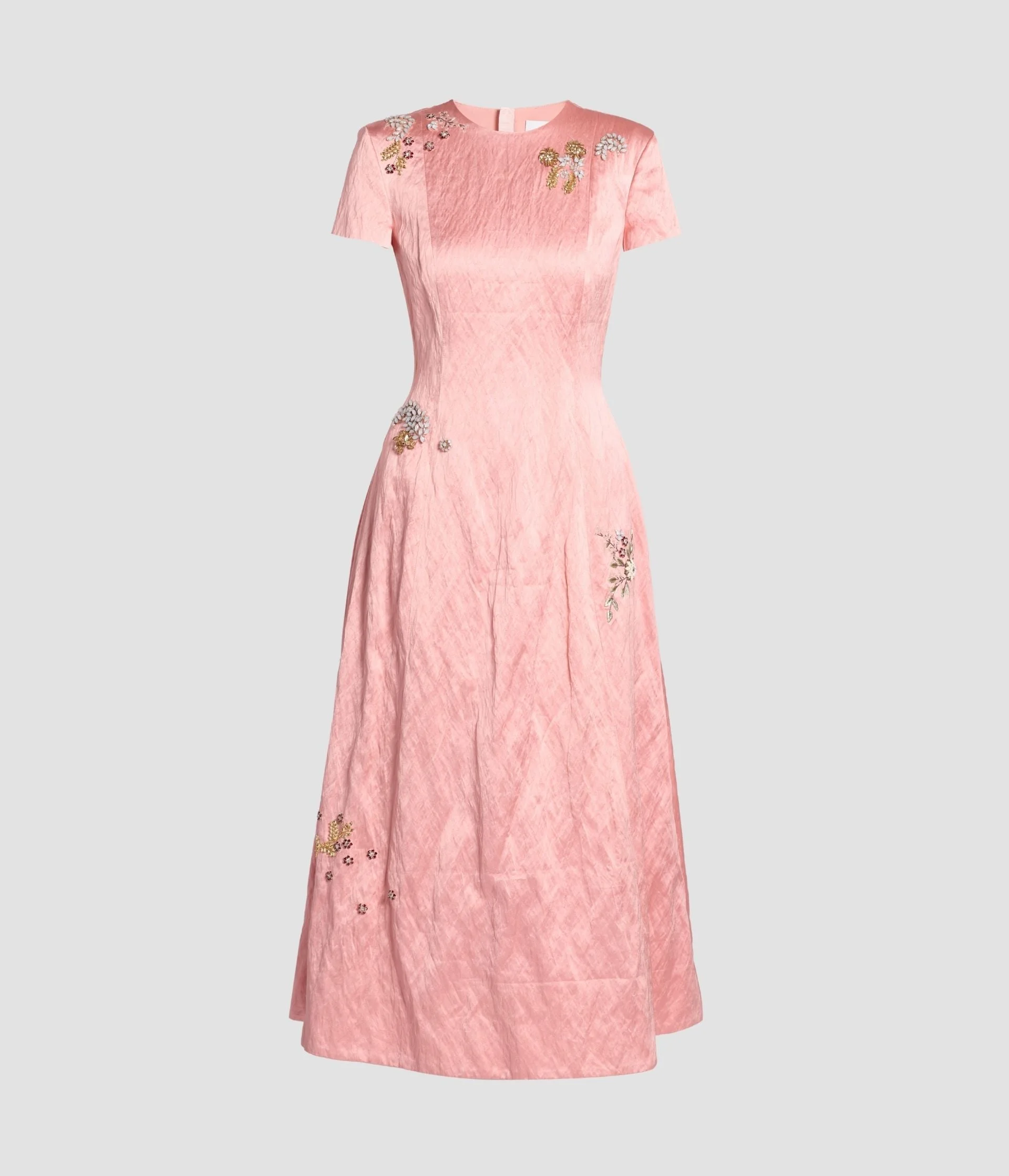 EMROIDERED TEXTURED SATIN SHORT SLEEVE MIDI DRESS - 1