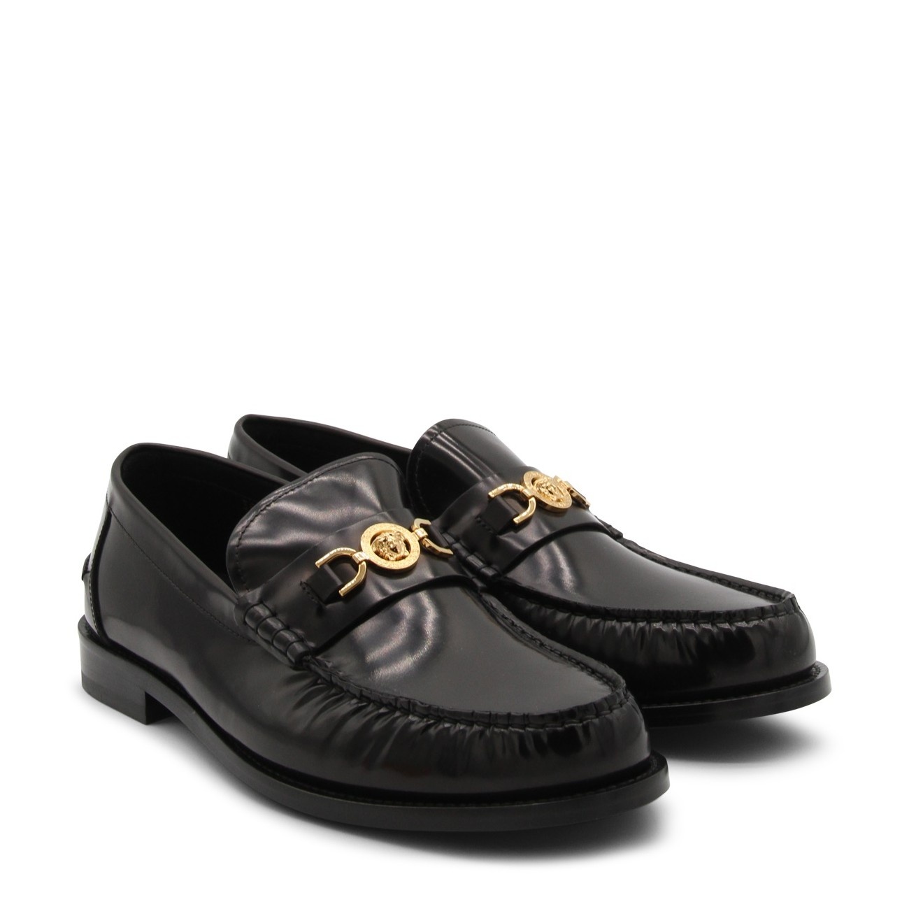 black and gold leather medusa loafers - 2