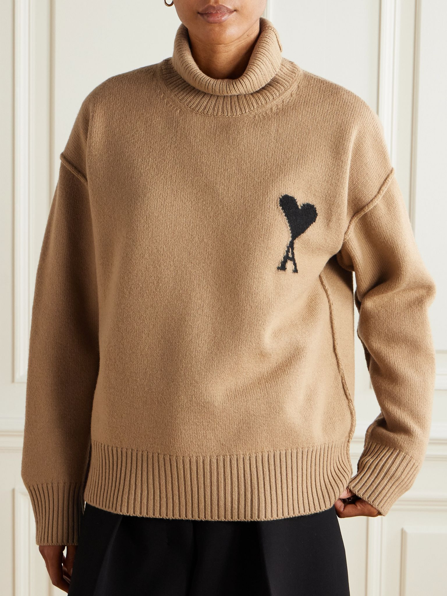 Oversized intarsia-knit wool turtleneck sweater Camel - 3