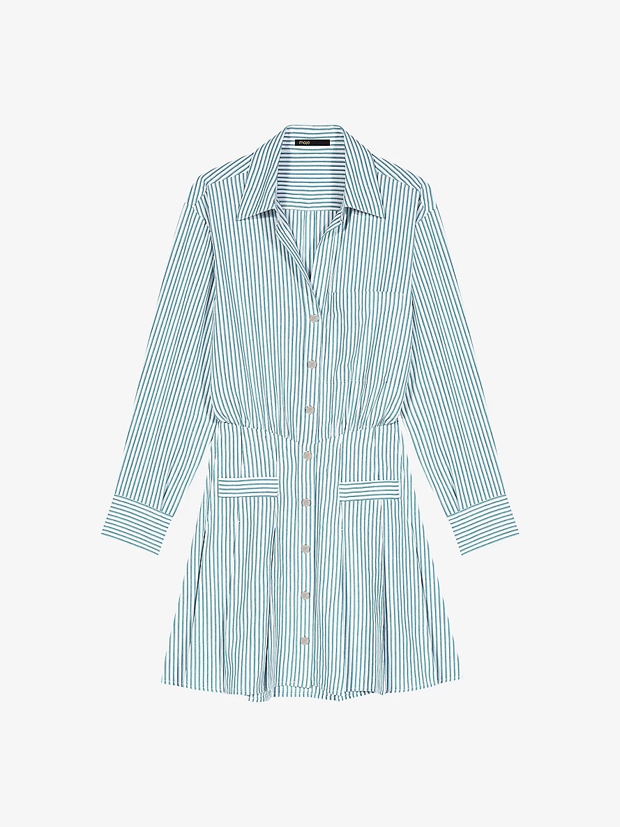 Stripe-print pleated woven shirt dress - 1