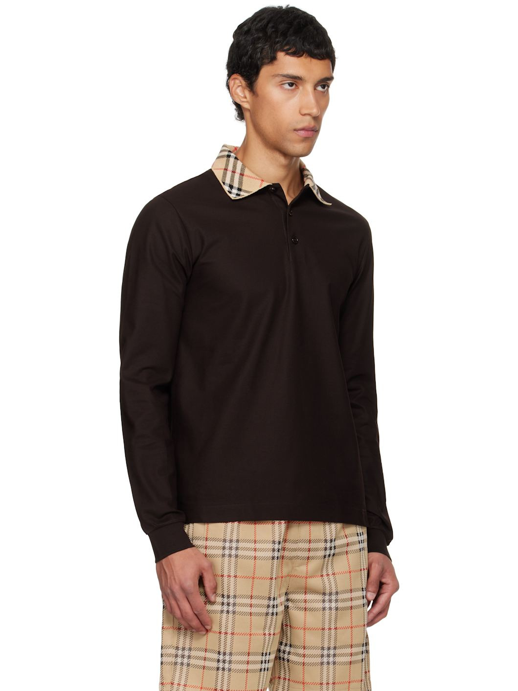 Brown Long Sleeve Check Collar Cotton Polo - 2