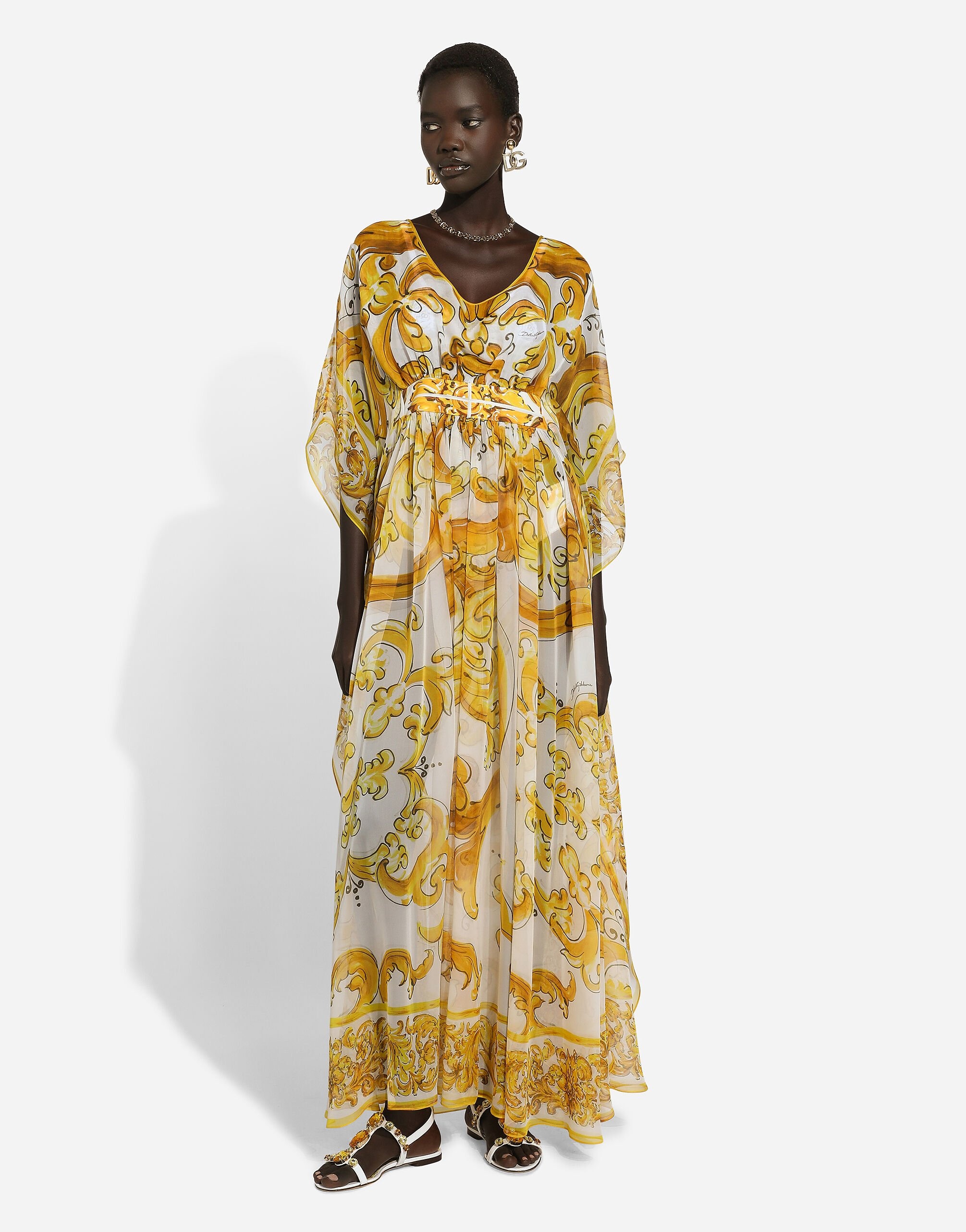 Long silk chiffon dress with majolica print - 2