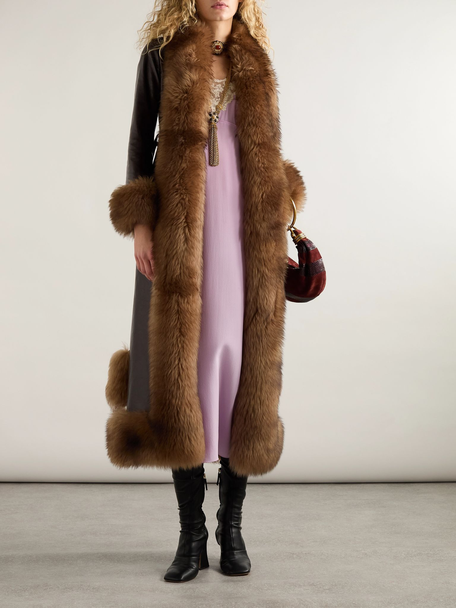 Fleece-trimmed belted leather coat Brown - 2