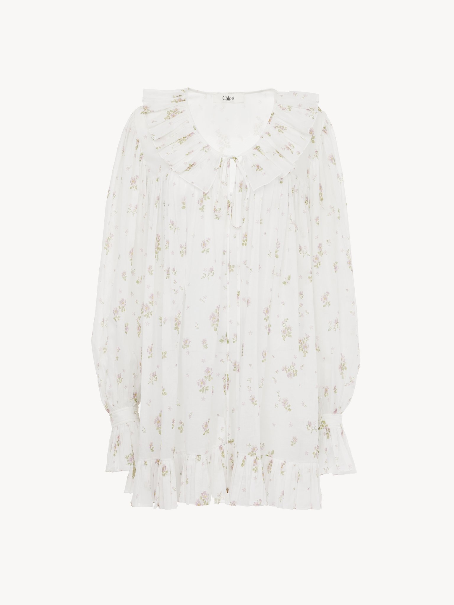 GATHERED LONG-SLEEVE MINI DRESS IN COTTON VOILE - 2