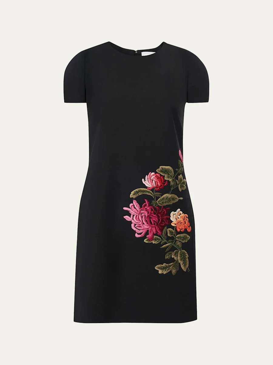 Floral Embroidered Wool Mini Shift Dress - 1
