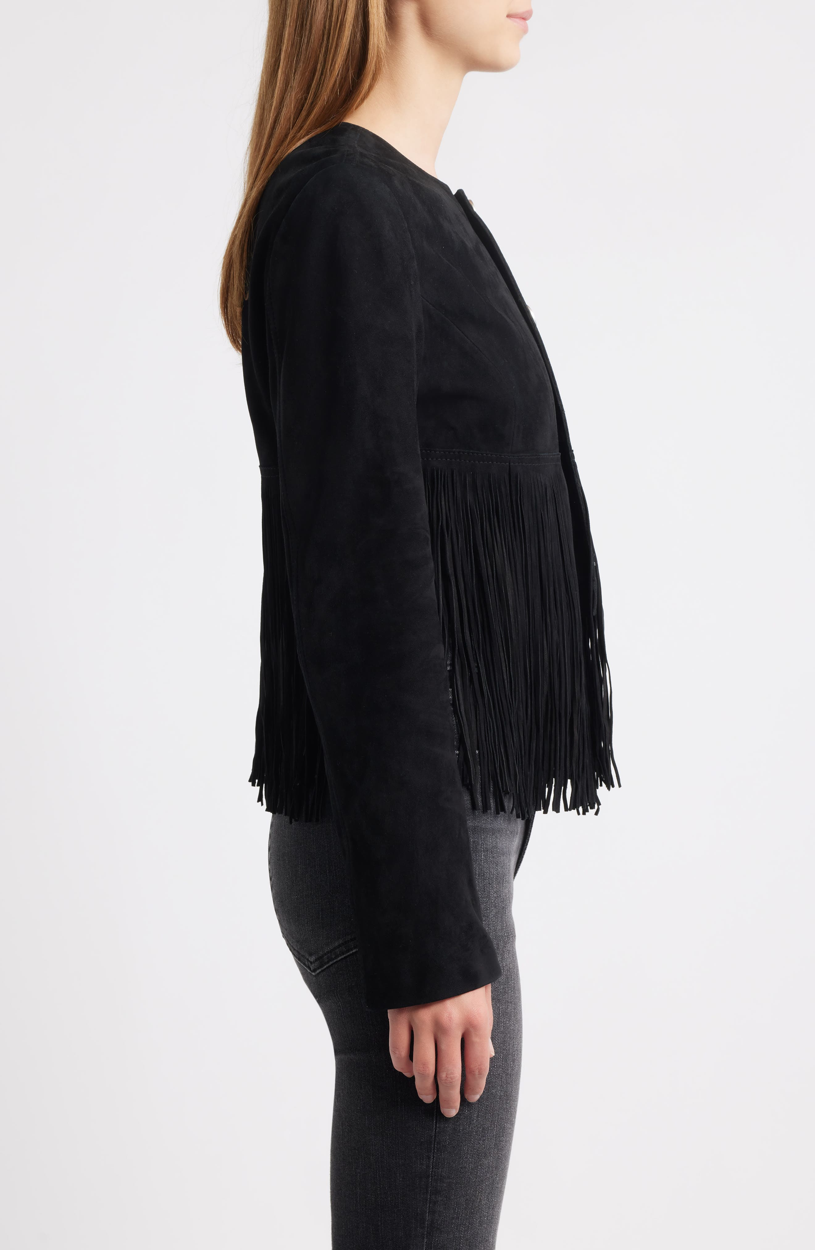 FRAME The Saddle Suede Fringe Jacket in Black at Nordstrom - 3