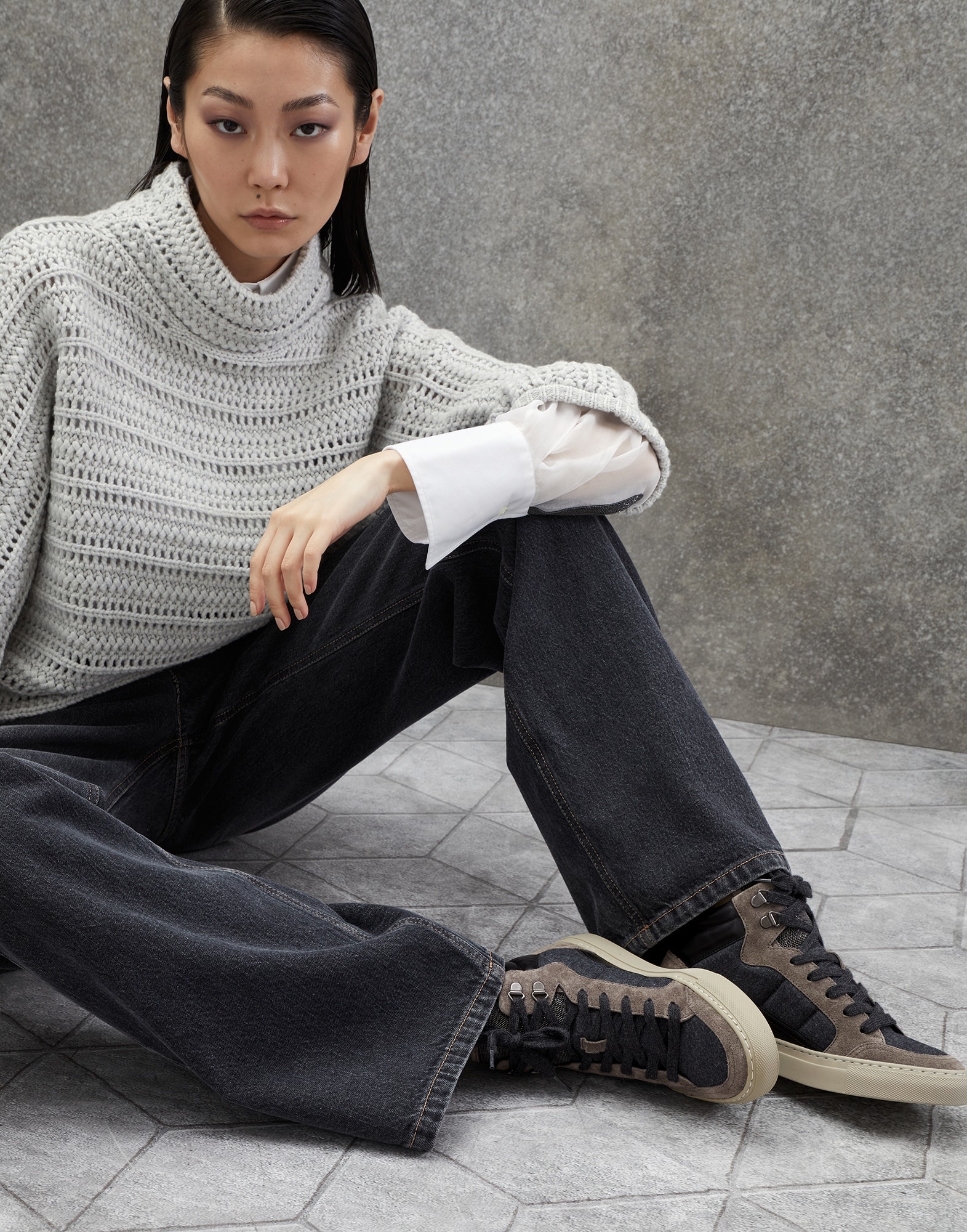 スニーカー BRUNELLO CUCINELLI Runners in virgin wool flannel and lame Brunello Cucinelli Flannel Running Sneakers Black at