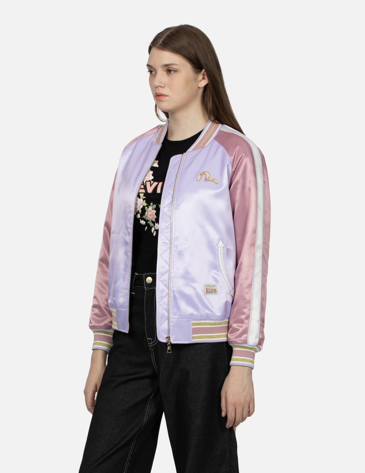 Goldfish and Floral Flow Embroidery Color-blocking Loose Fit Souvenir Jacket - 8