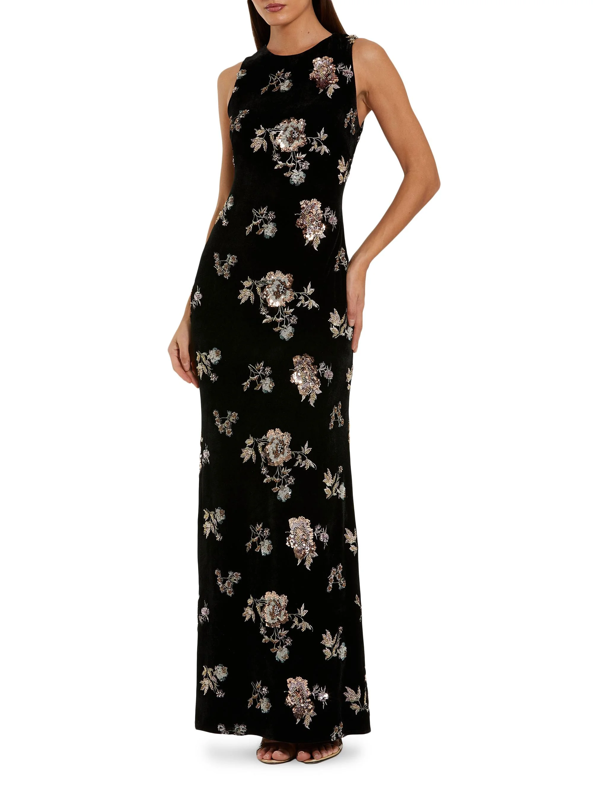 Women's Floral Sequined Velvet Column Gown - Black Multi - 1
