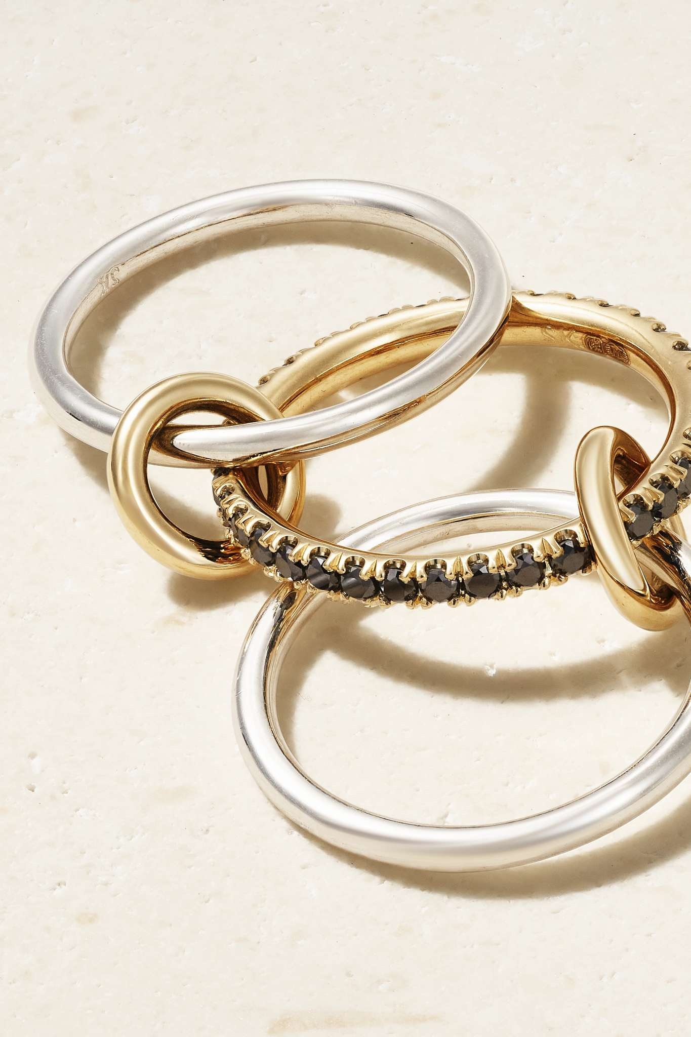 Tigris set of three 18-karat gold, sterling silver and blackened diamond rings - 4