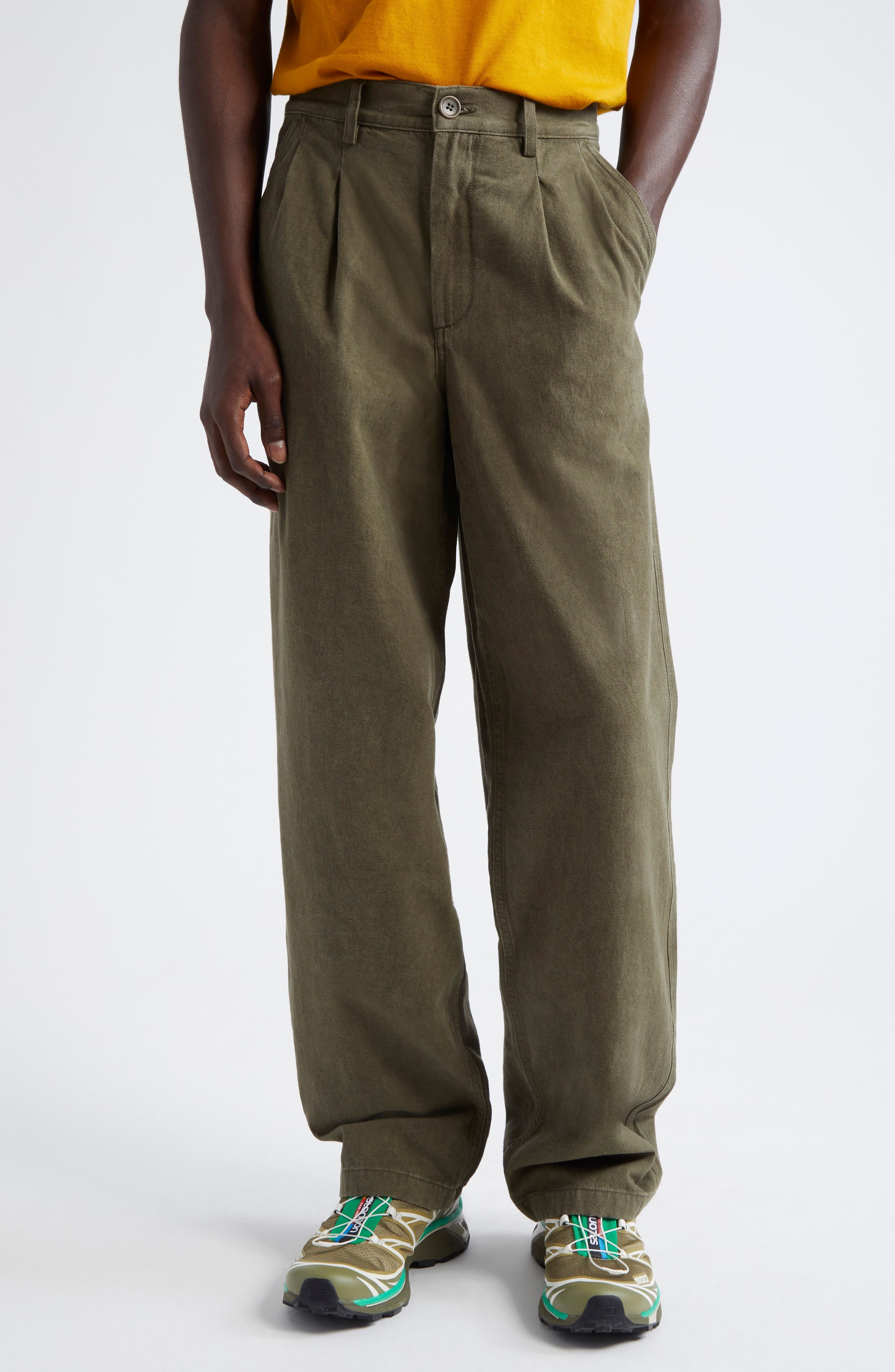 Noah Double Pleat Cotton Pants in Dark Olive at Nordstrom - 1