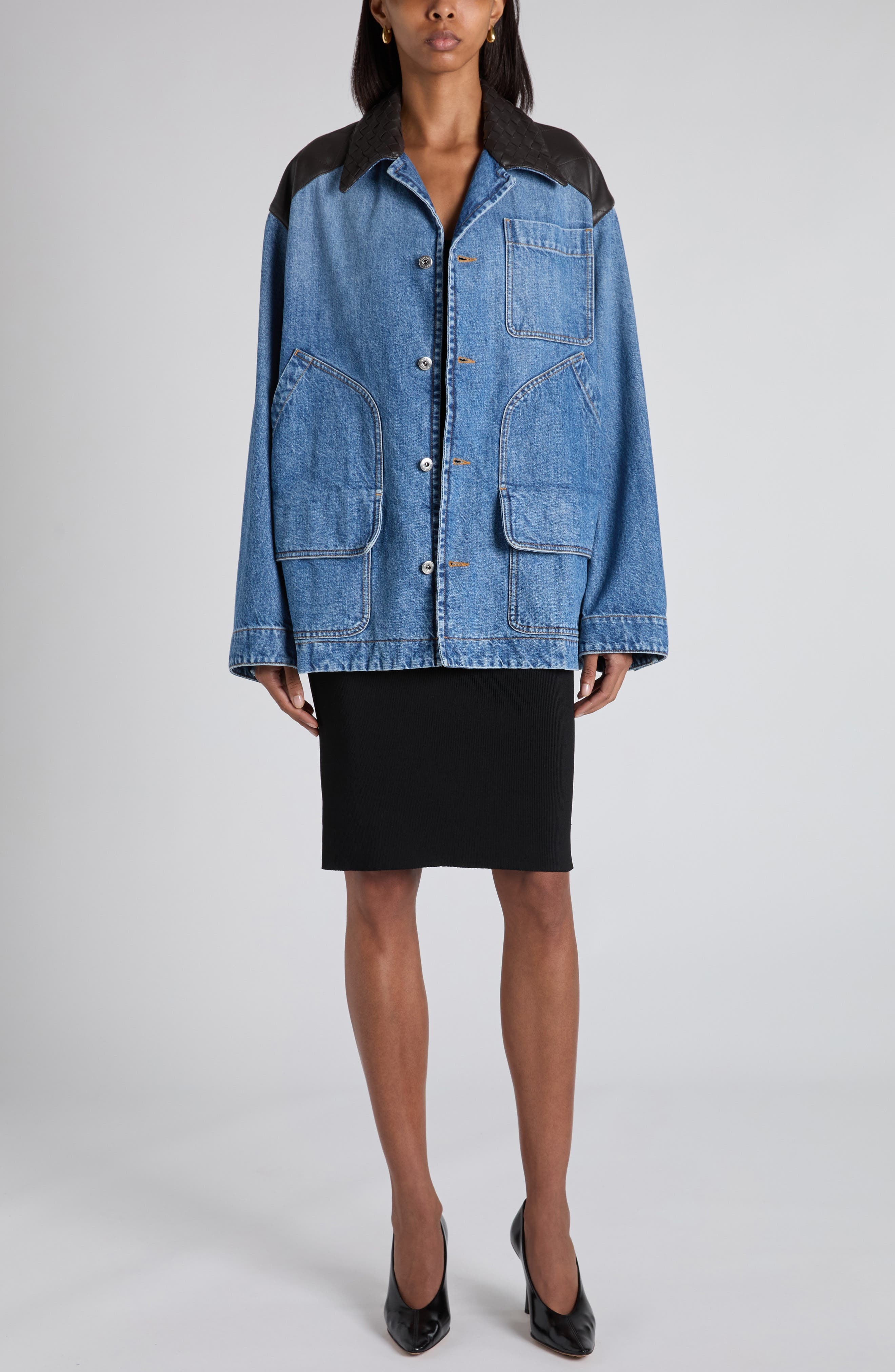 Bottega Veneta Intrecciato Collar Oversize Indigo Denim Jacket in Mid Blue at Nordstrom - 2