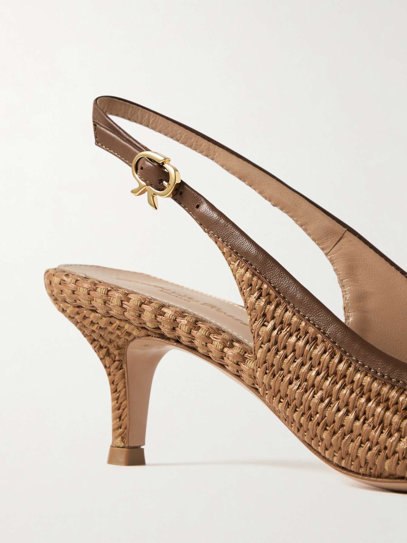 Marbella 55 leather-trimmed raffia slingback pumps - 4