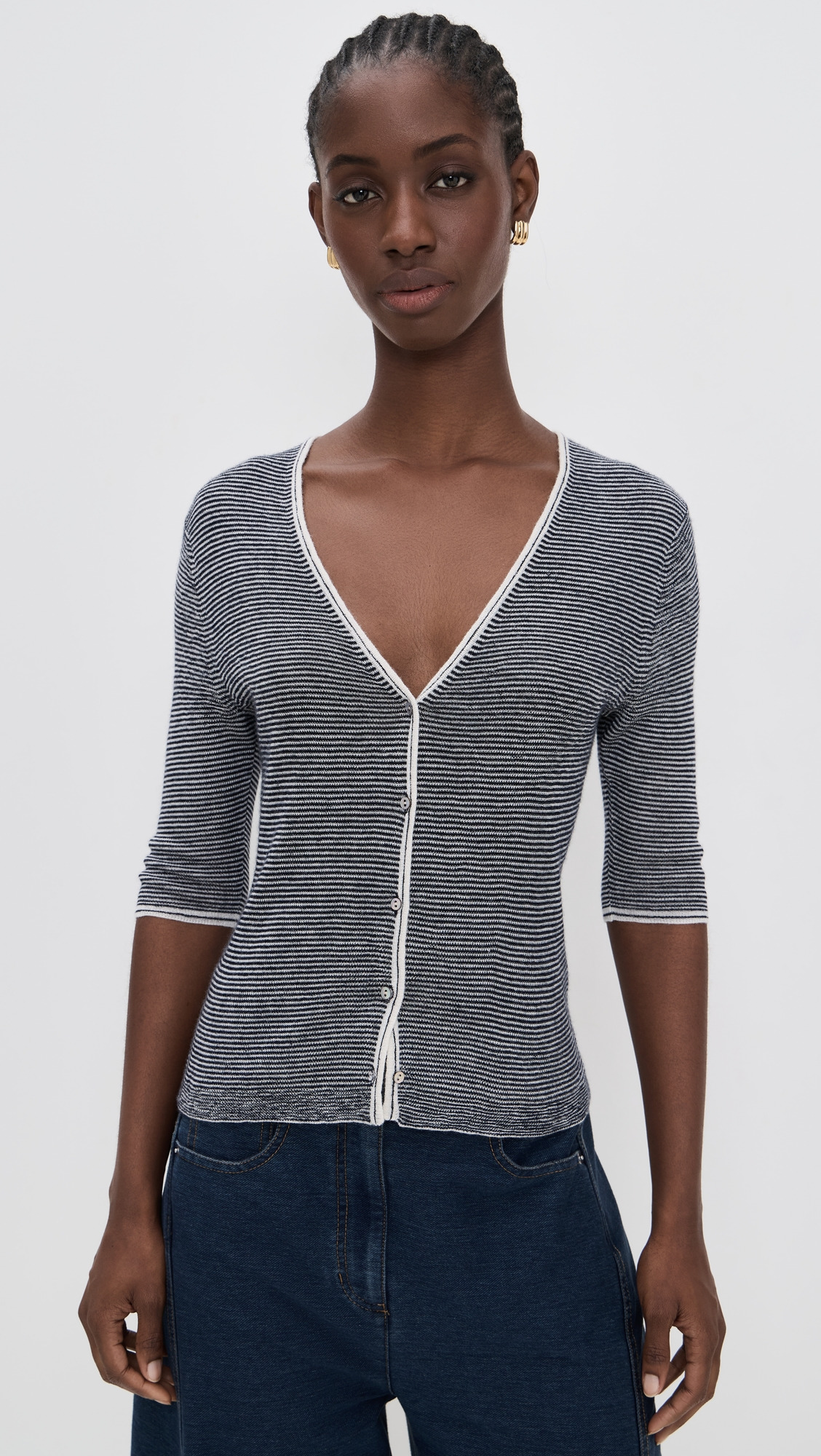 Microstripe V Neck Cardigan - 6
