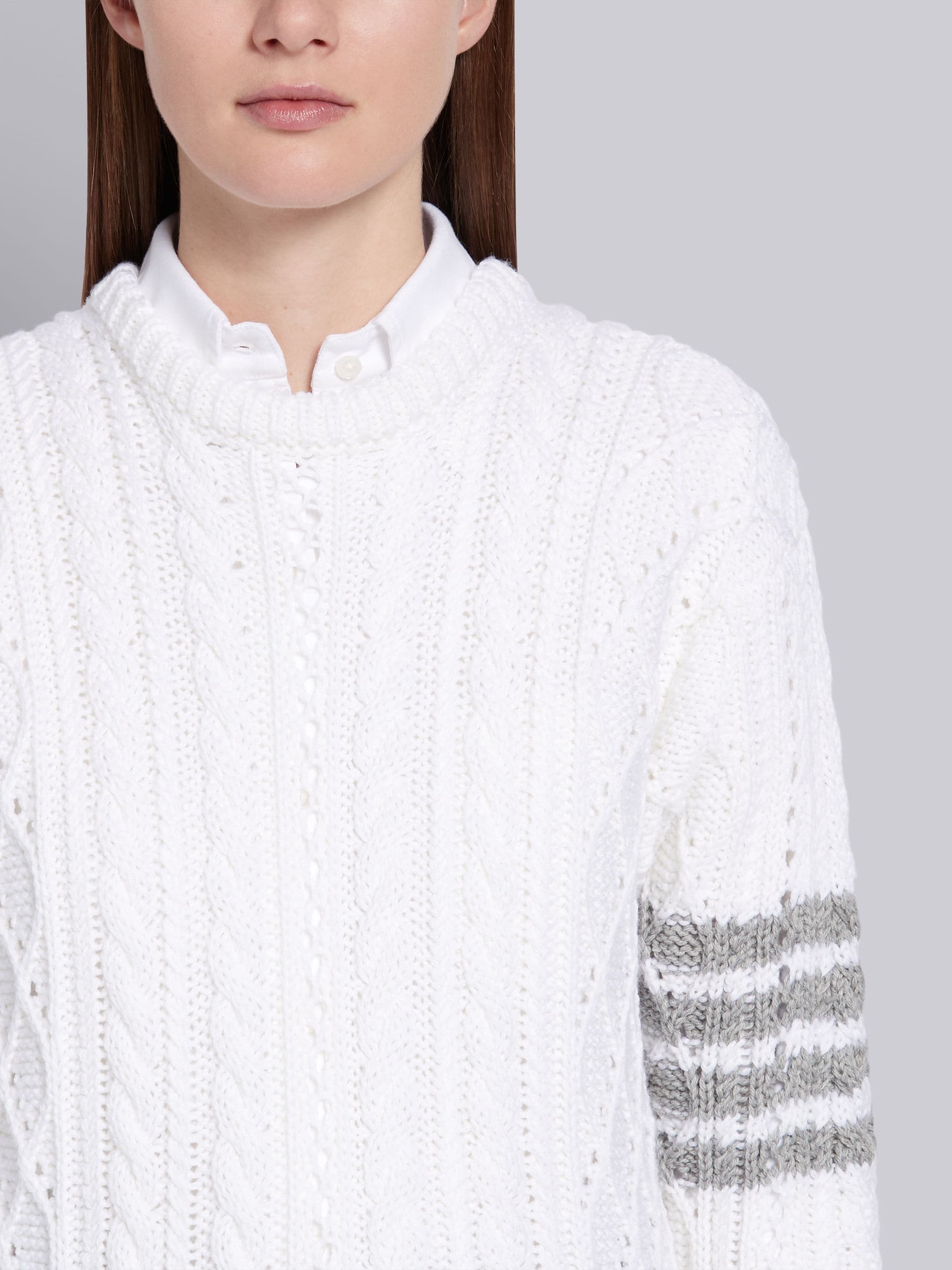 White Fine Merino Wool Aran Cable Relaxed 4-Bar Crewneck - 5