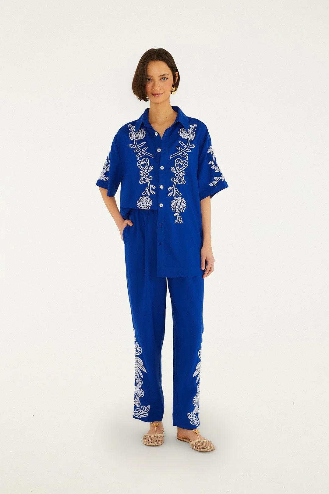 Blue Romantic Embroidered Lenzing™ Ecovero™ Euroflax™ Pants - 1
