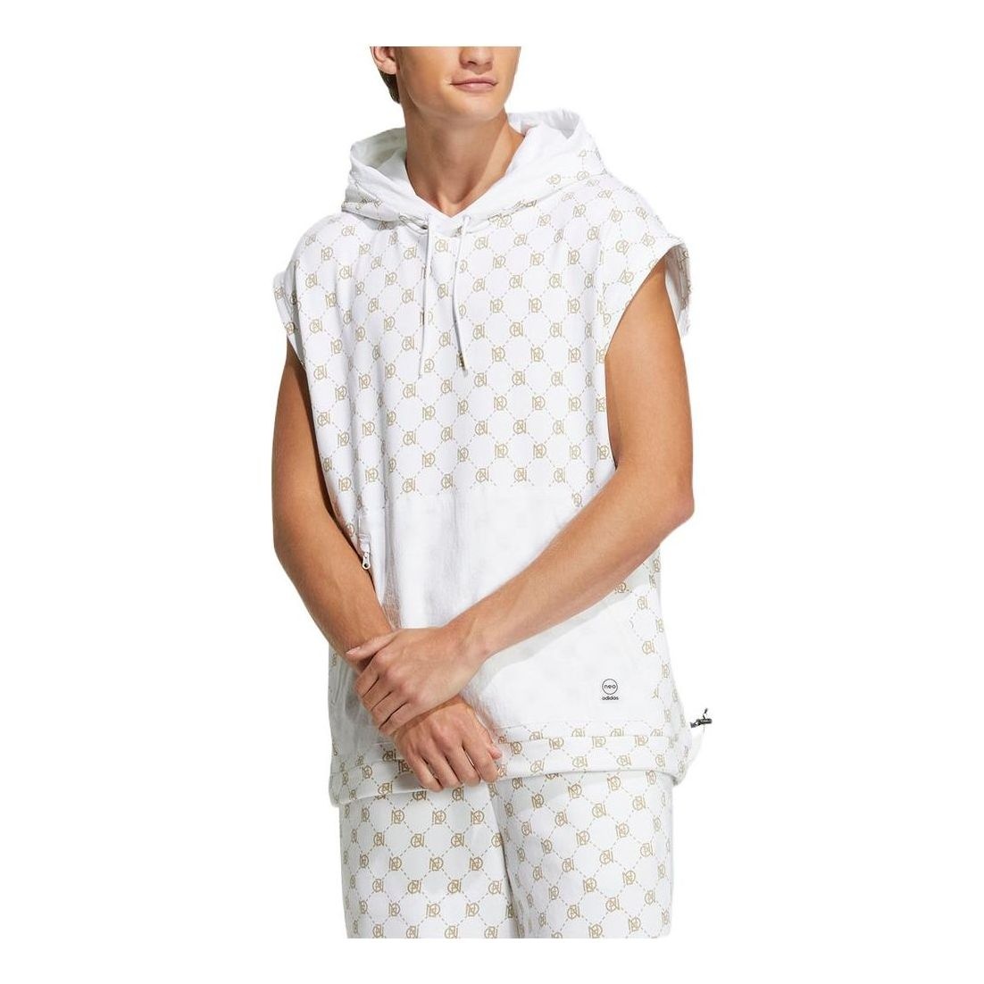 Men's adidas neo Logo Full Print Zipper Kangaroo Pocket Hooded Sleeveless Jacket White IB5859 - 1