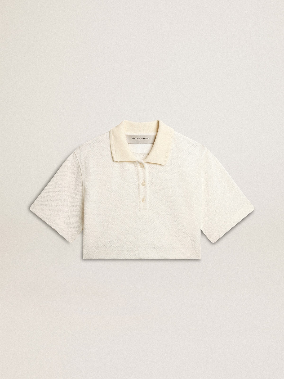 White cotton cropped polo shirt with mother-of-pearl buttons - 1