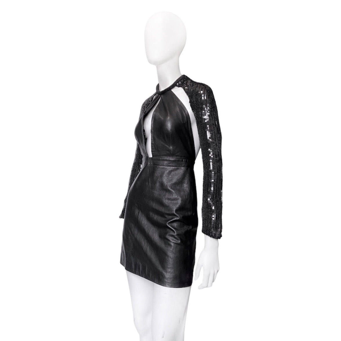Saint Laurent Paris 2013 Hedi Beaded Collar Sequenced Sleeves Cut Out Backless Leather Dress - 8