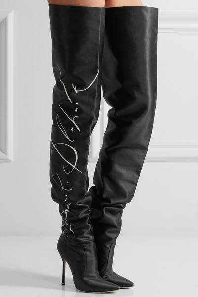 VETEMENTS + Manolo Blahnik printed satin thigh boots outlook