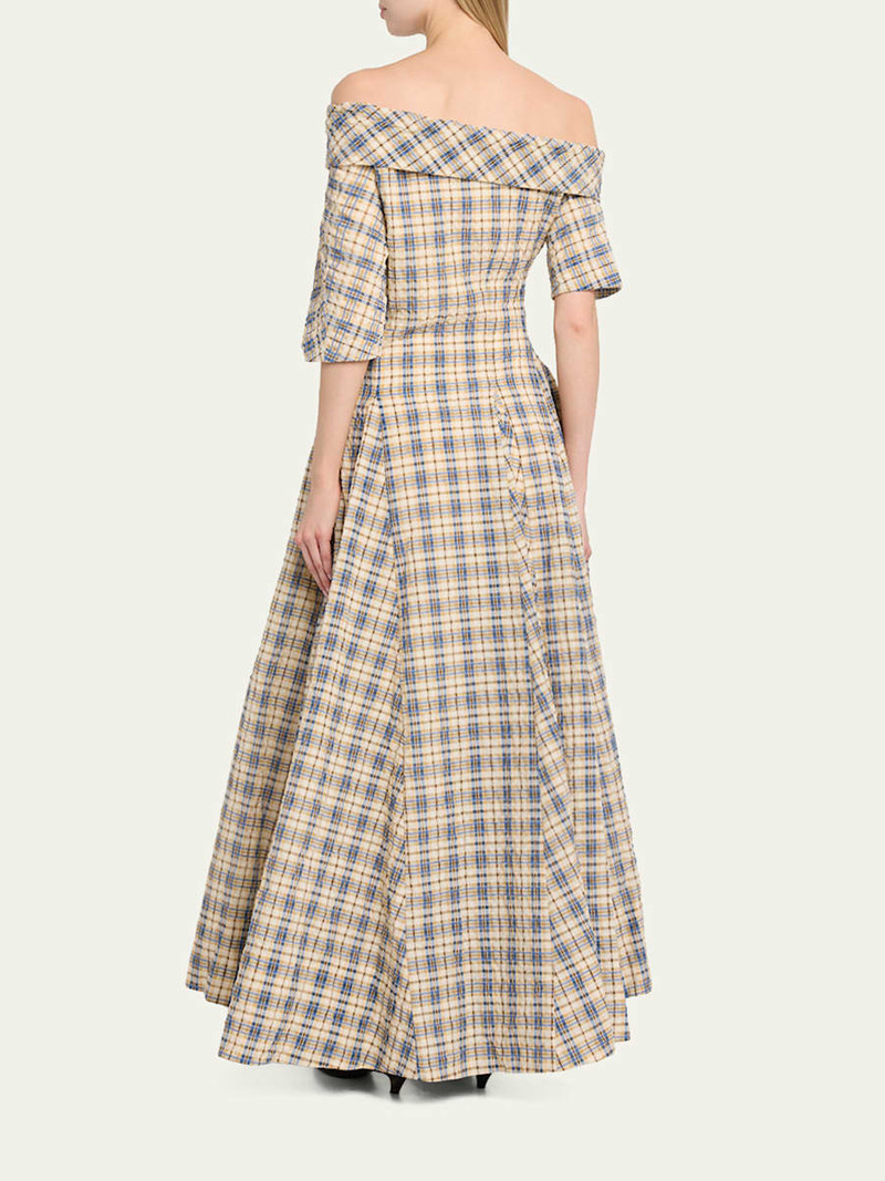 Bowery Off-The-Shoulder Check Seersucker Asymmetric Dress 3