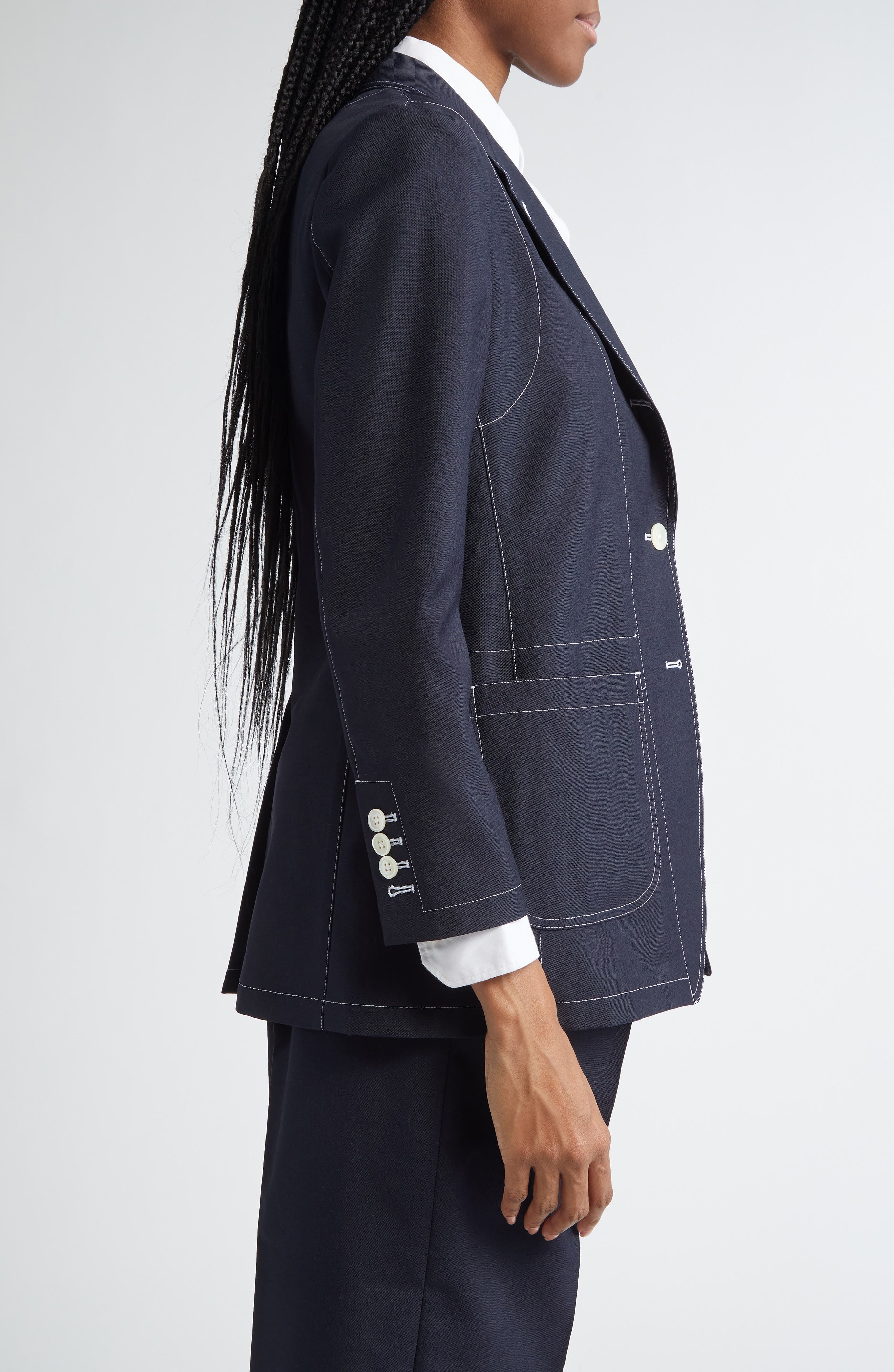 Thom Browne Topstitched Longline Blazer in Navy at Nordstrom - 3