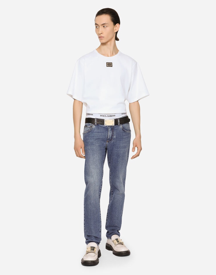 Mid blue wash slim-fit stretch jeans - 1