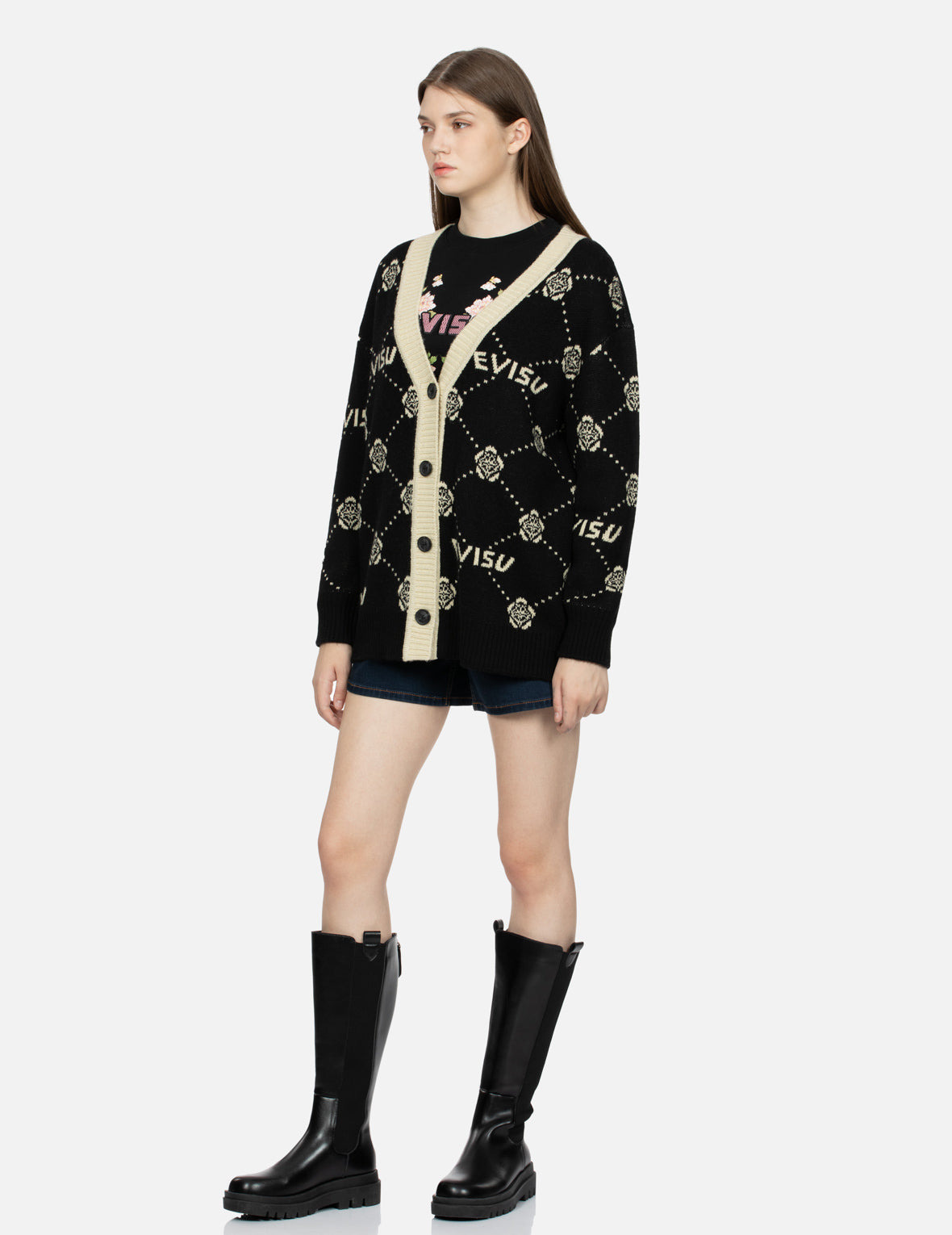 KAMON AND LOGO JACQUARD LOOSE FIT CARDIGAN - 3