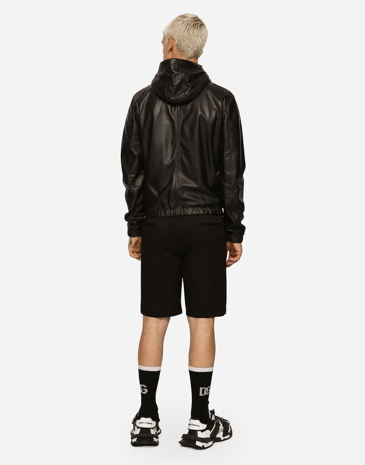 Leather jacket with hood and branded tag - 5