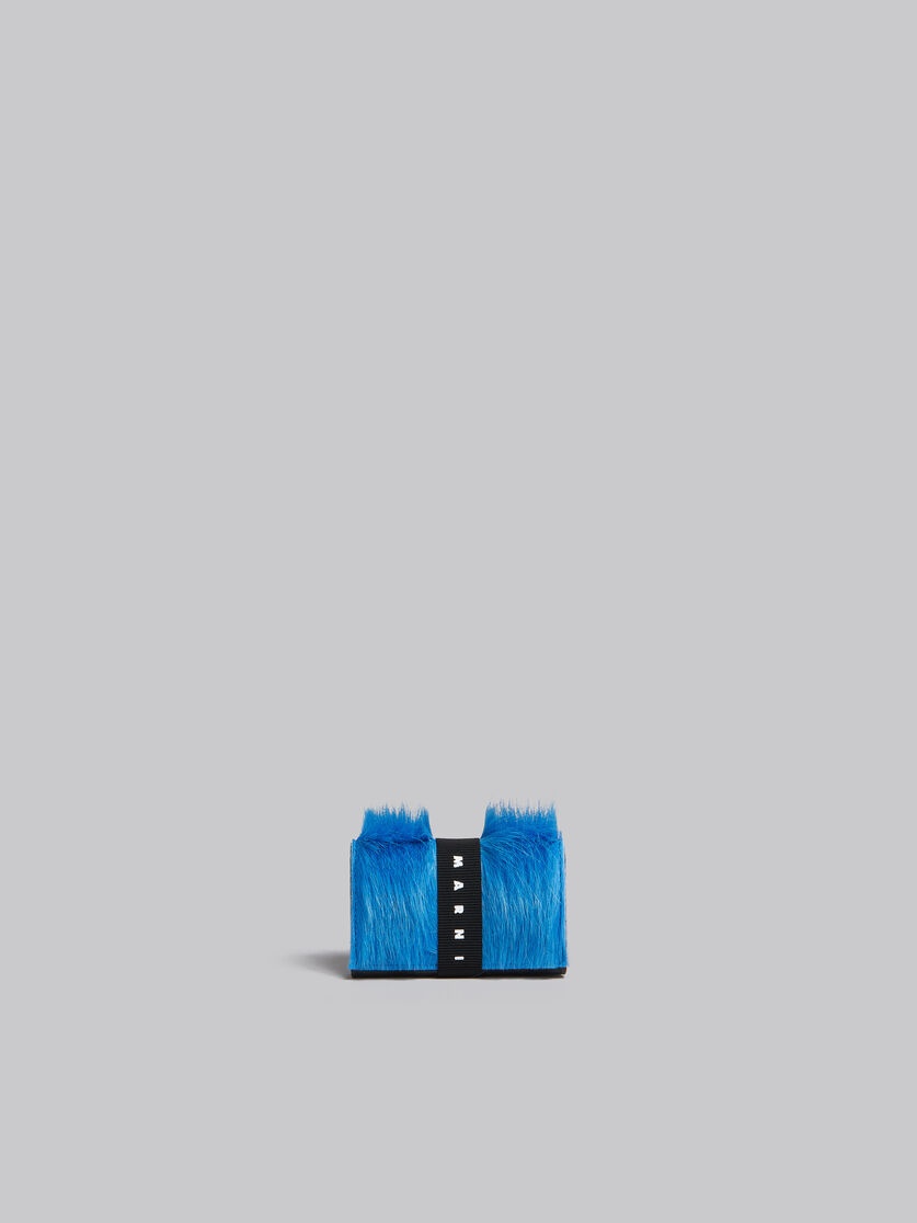 BLUE LONG-HAIR CALFSKIN TRIFOLD WALLET WITH LOGO STRAP 3