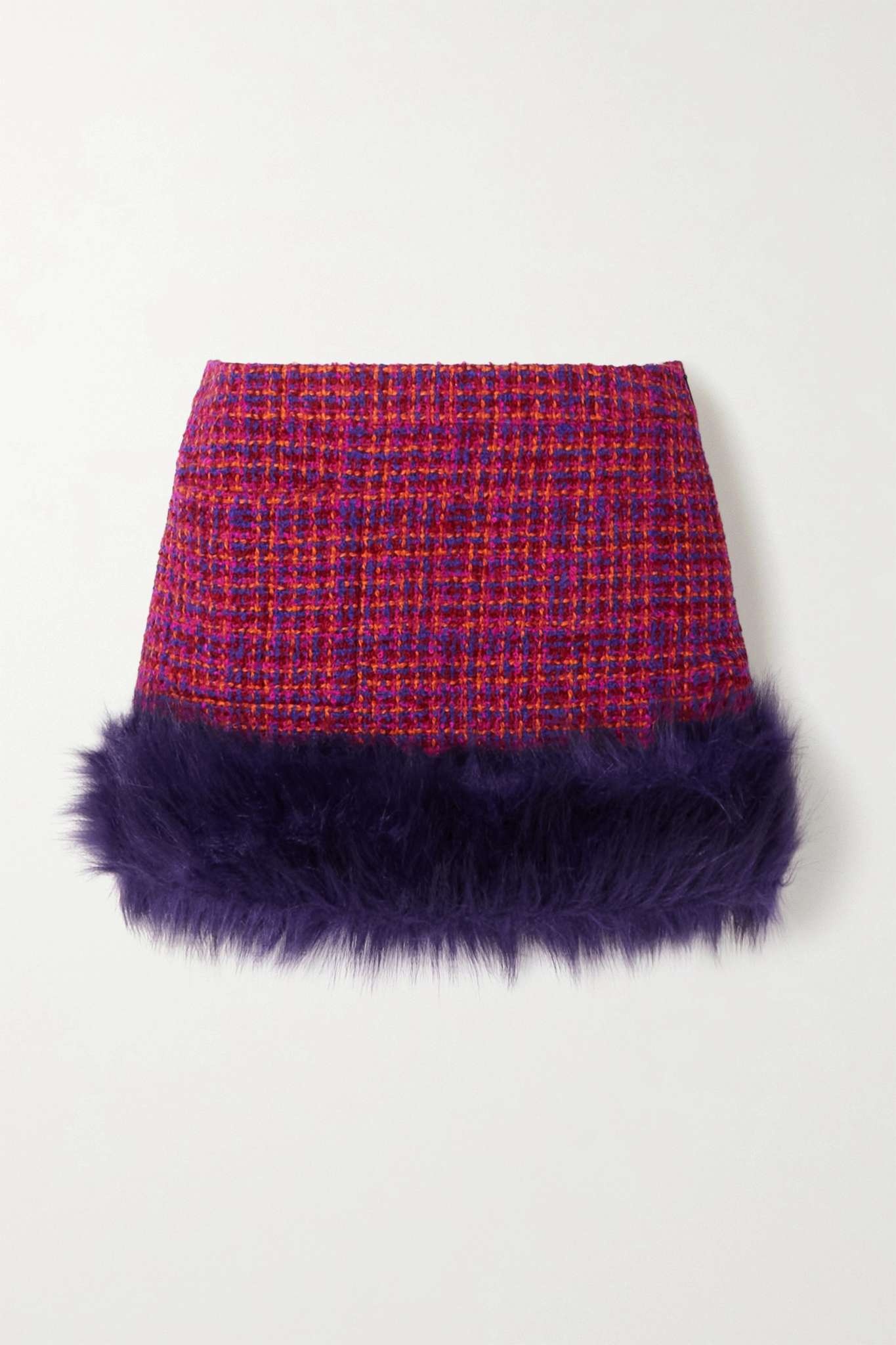 Faux fur-trimmed checked wool-blend bouclé mini skirt - 1