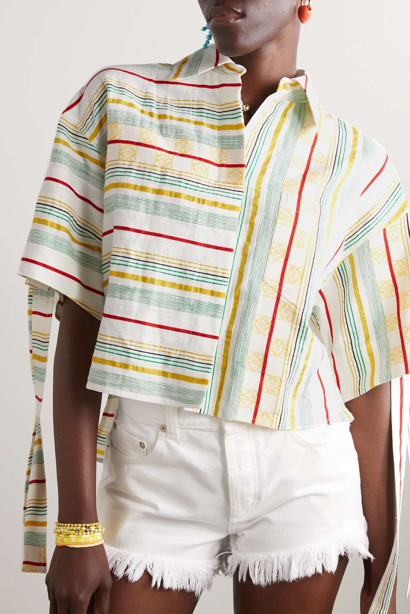 + Paula's Ibiza cropped asymmetric striped cotton, linen and silk-blend shirt - 3