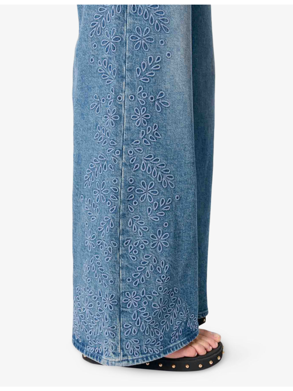 Leaf-Embroidered Wide-Leg Stretch-Denim Jeans - 5