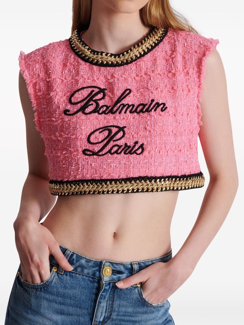 logo-embroidered tweed crop top - 5