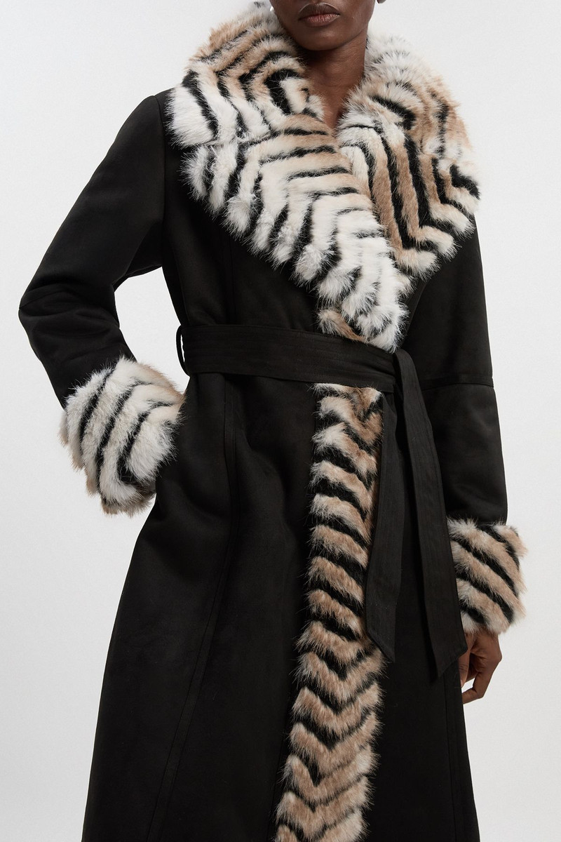Faux Shearling Contrast Collar & Cuff Belted Maxi Coat 3